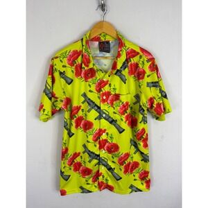 OAF Nation Mens Poppy and Rifle Print Button Down Shirt Lime Green Large